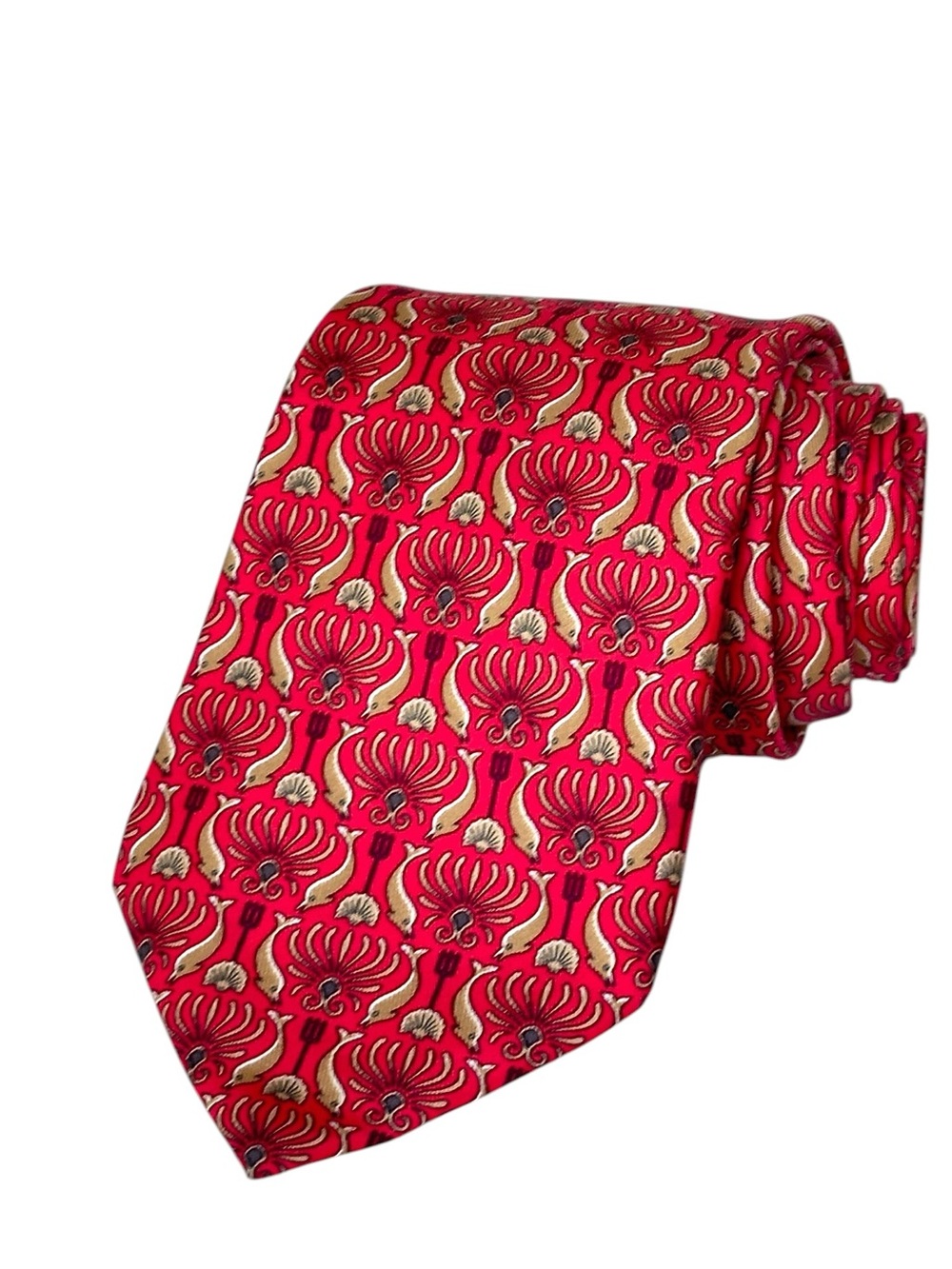 Hermès Silk Tie Red Fish Shell Novelty Made in France